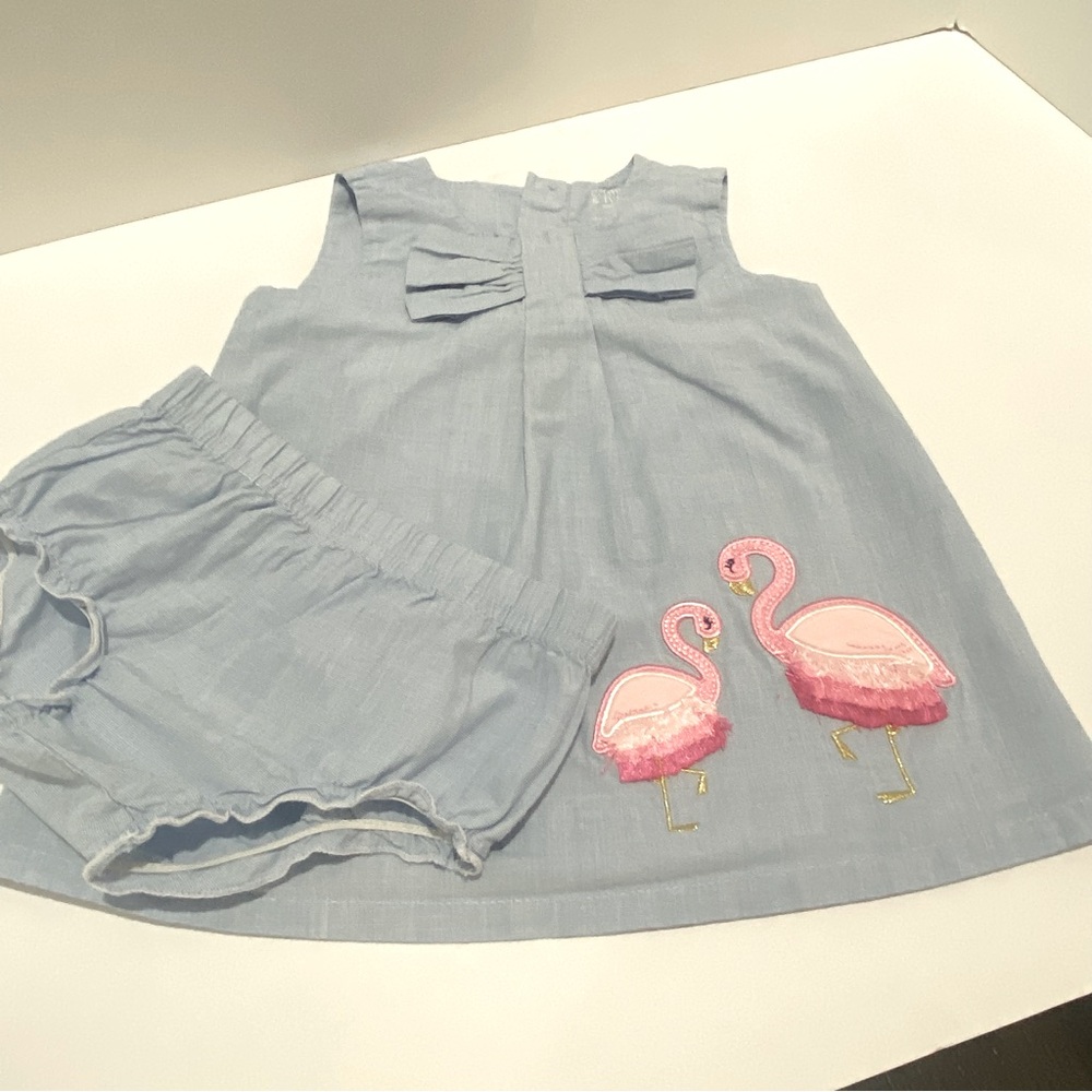 Crown & Ivy Baby Girls 9 Mo Blue Dress Bloomers Set Pink Flamingo Applique Bow